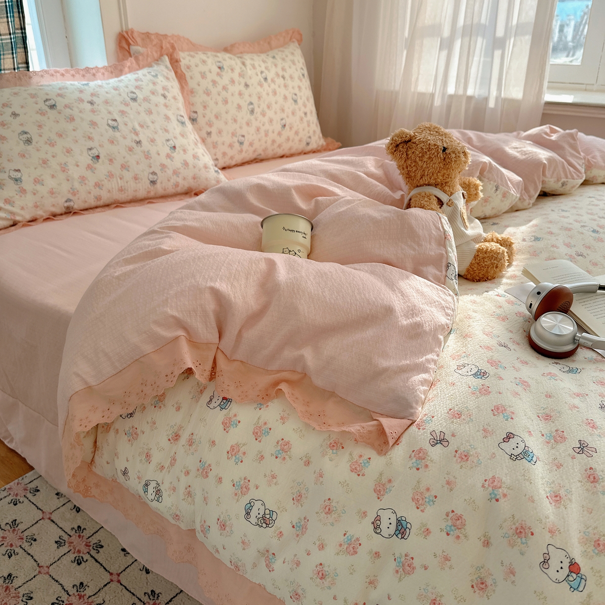 91家纺网 家纺一手货源 找家纺 仟网汇 2026新款彩色花边皱皱纱四件套 奶芙喵