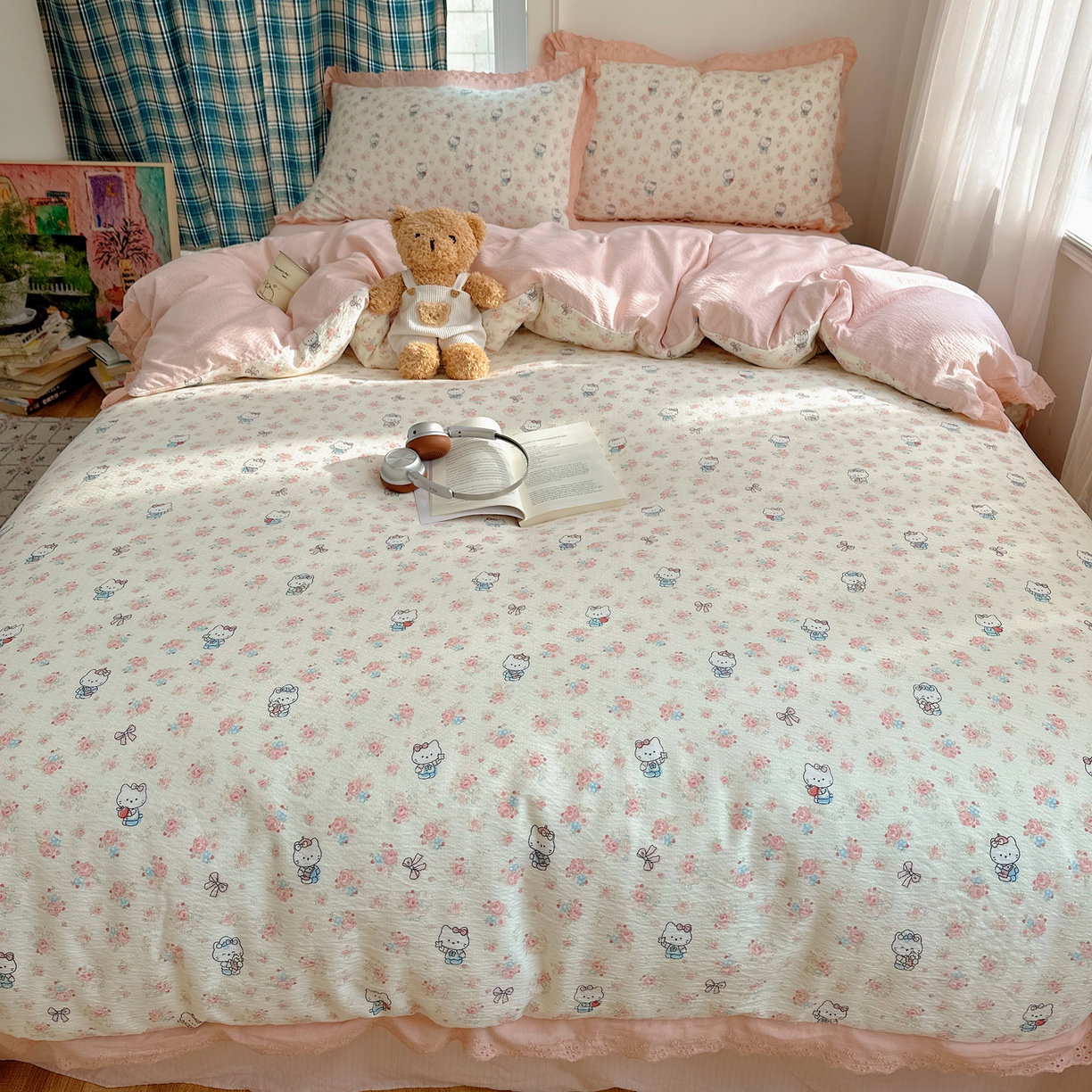 91家纺网 家纺一手货源 找家纺 仟网汇 2026新款彩色花边皱皱纱四件套 奶芙喵