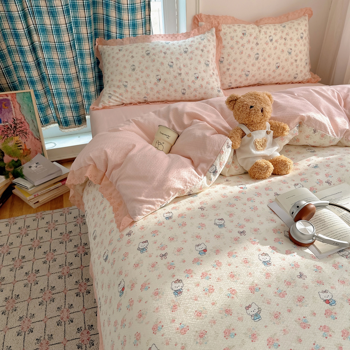 91家纺网 家纺一手货源 找家纺 仟网汇 2026新款彩色花边皱皱纱四件套 奶芙喵