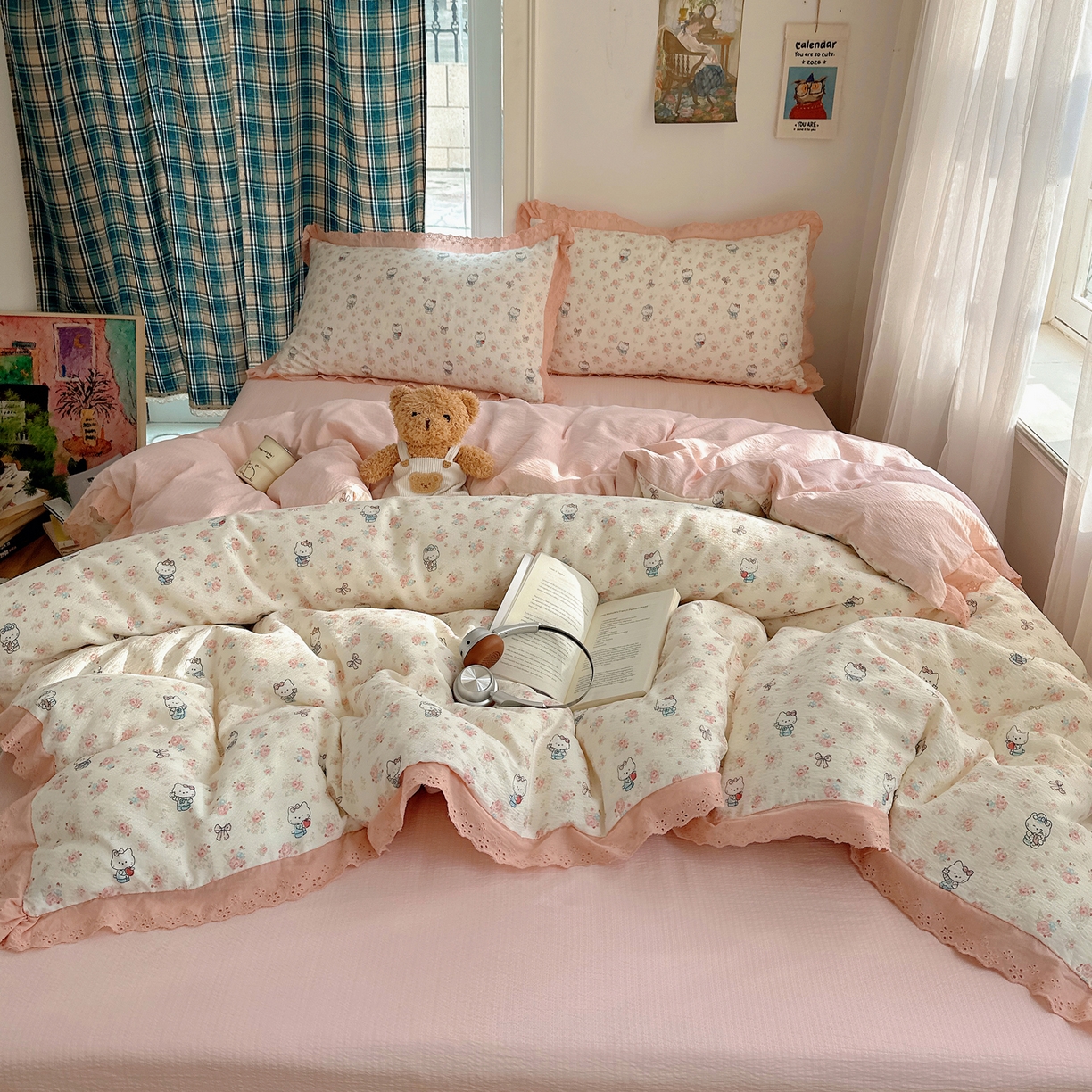 91家纺网 家纺一手货源 找家纺 仟网汇 2026新款彩色花边皱皱纱四件套 奶芙喵