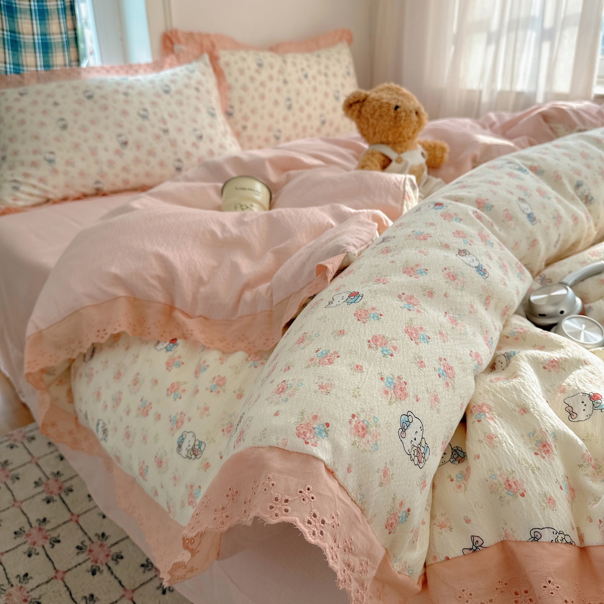 91家纺网 家纺一手货源 找家纺 仟网汇 2026新款彩色花边皱皱纱四件套 奶芙喵