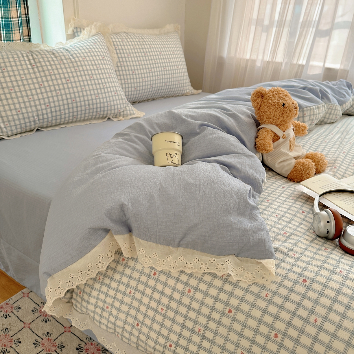 91家纺网 家纺一手货源 找家纺 仟网汇 2026新款彩色花边皱皱纱四件套 甜心格格