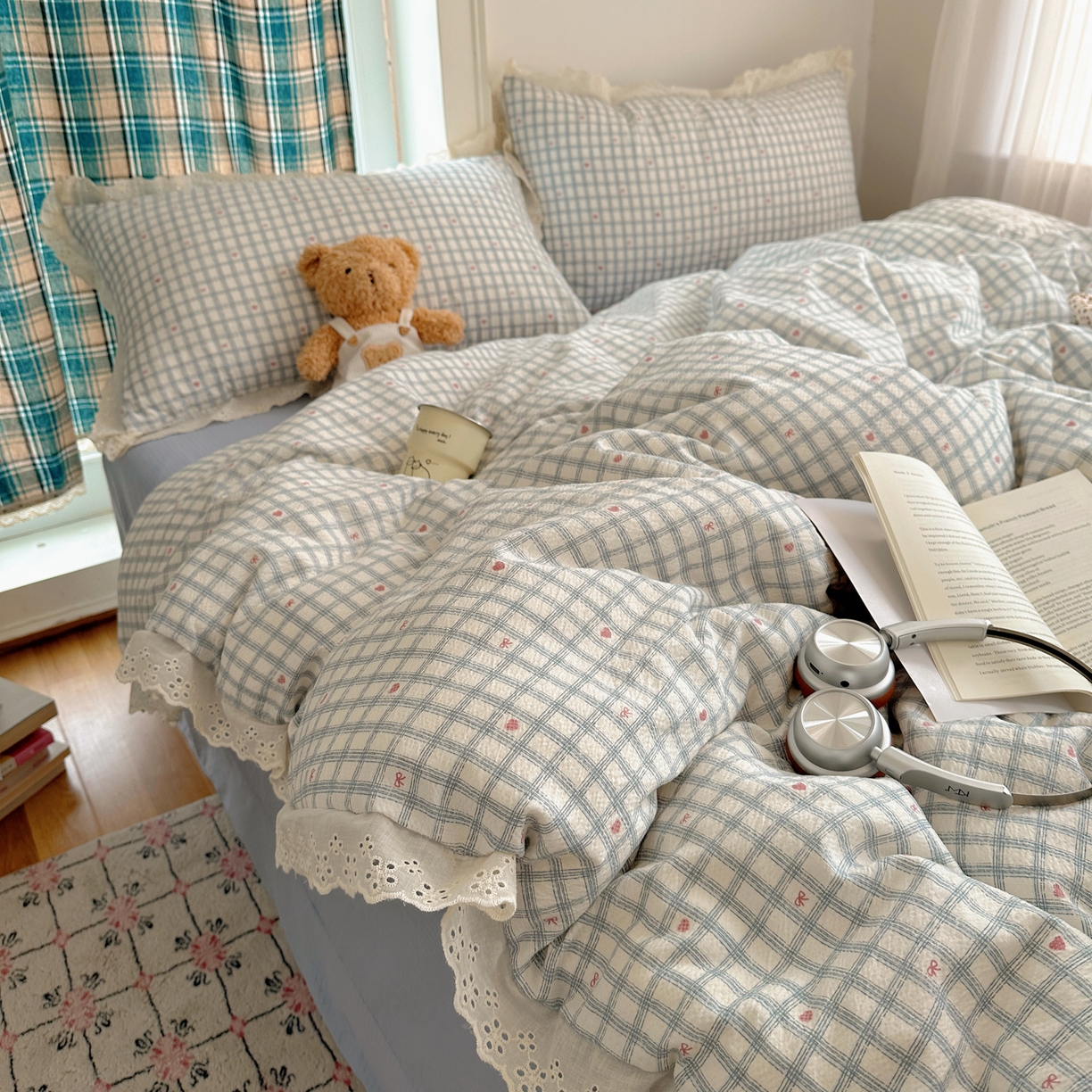 91家纺网 家纺一手货源 找家纺 仟网汇 2026新款彩色花边皱皱纱四件套 甜心格格