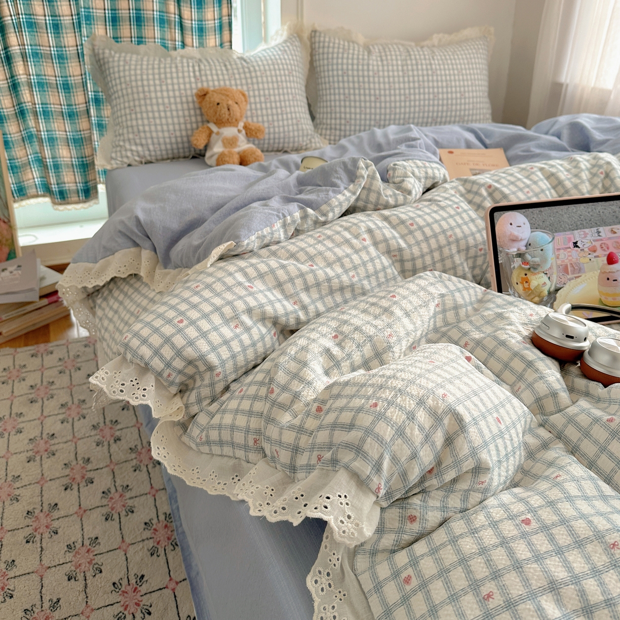 91家纺网 家纺一手货源 找家纺 仟网汇 2026新款彩色花边皱皱纱四件套 甜心格格