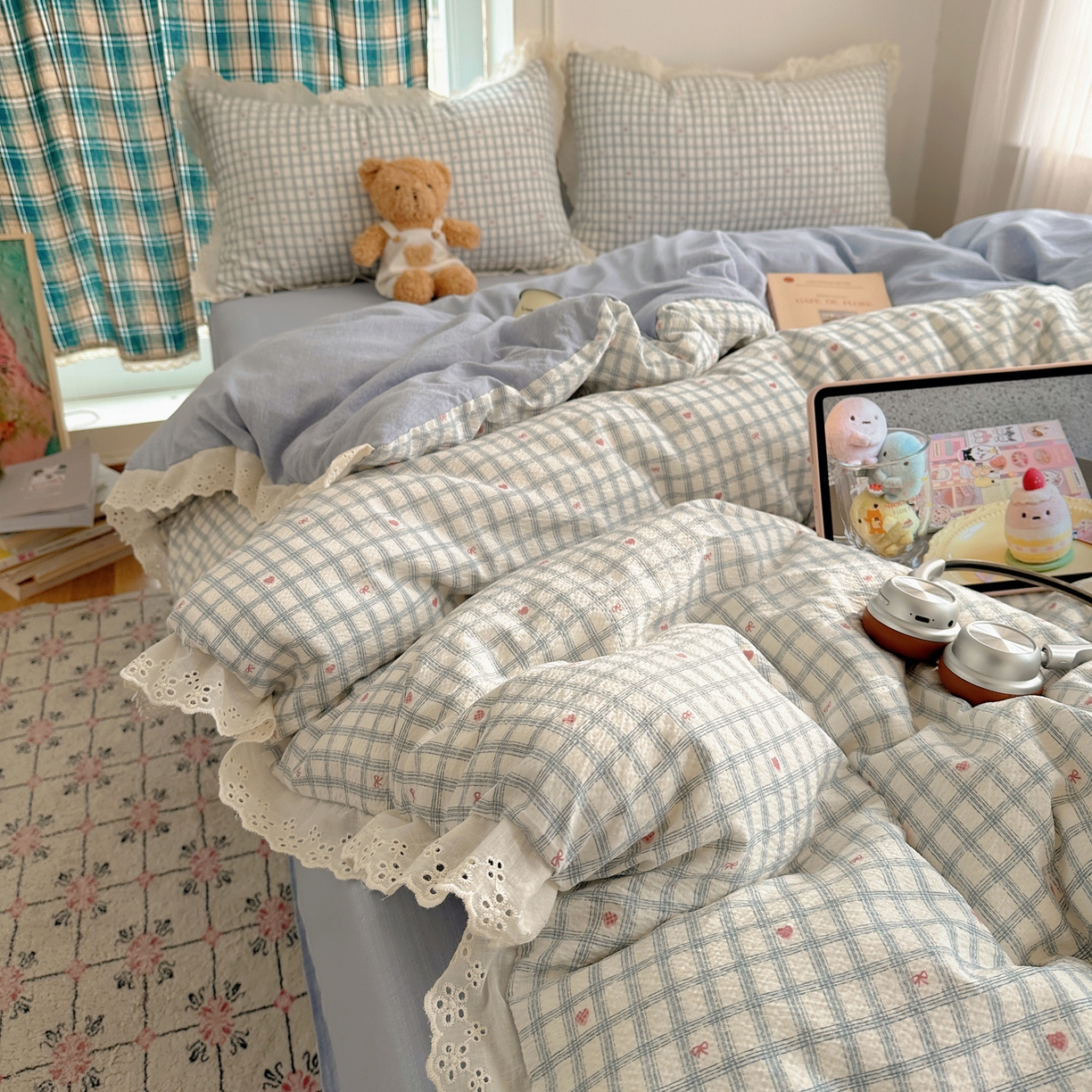 91家纺网 家纺一手货源 找家纺 仟网汇 2026新款彩色花边皱皱纱四件套 甜心格格