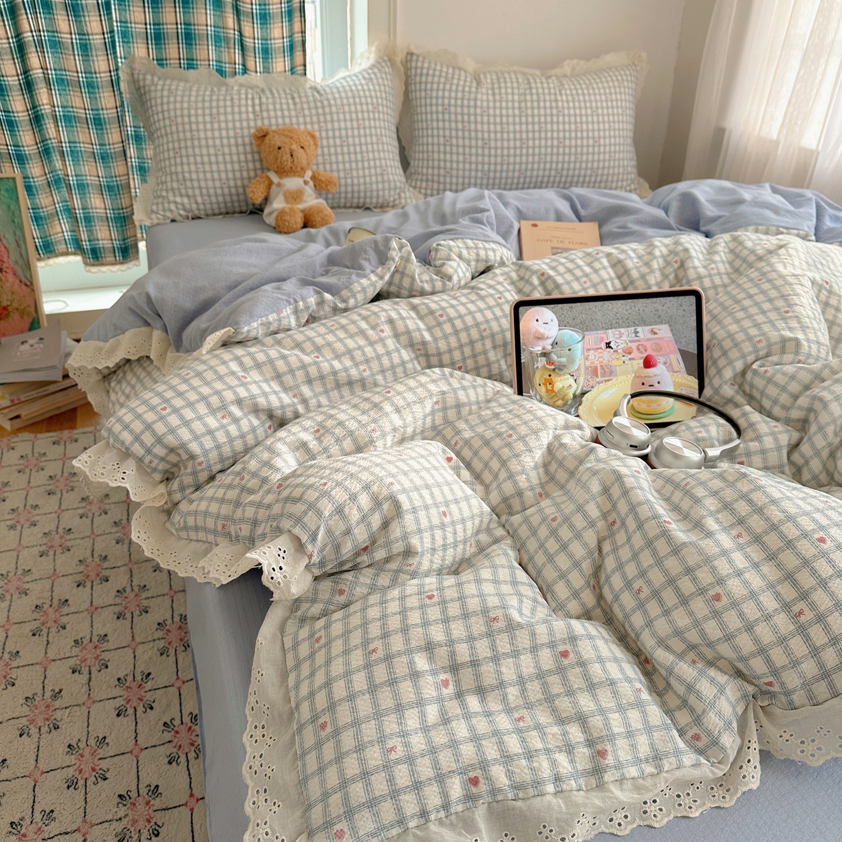 91家纺网 家纺一手货源 找家纺 仟网汇 2026新款彩色花边皱皱纱四件套 甜心格格