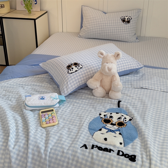 91家纺网 家纺一手货源 找家纺 暖生活 2026新款全棉水洗棉毛巾绣夏被春秋被四件套 墨镜小狗