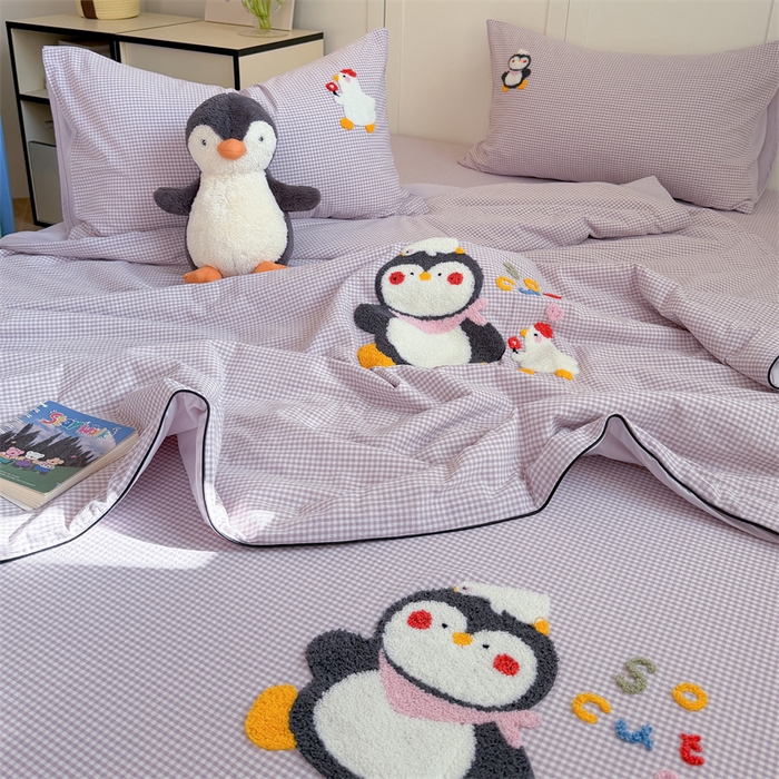 91家纺网 家纺一手货源 找家纺 暖生活 2026新款全棉水洗棉毛巾绣夏被春秋被四件套 小企鹅