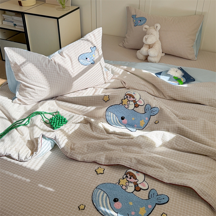 91家纺网 家纺一手货源 找家纺 暖生活 2026新款全棉水洗棉毛巾绣夏被春秋被四件套 蓝鲸梦