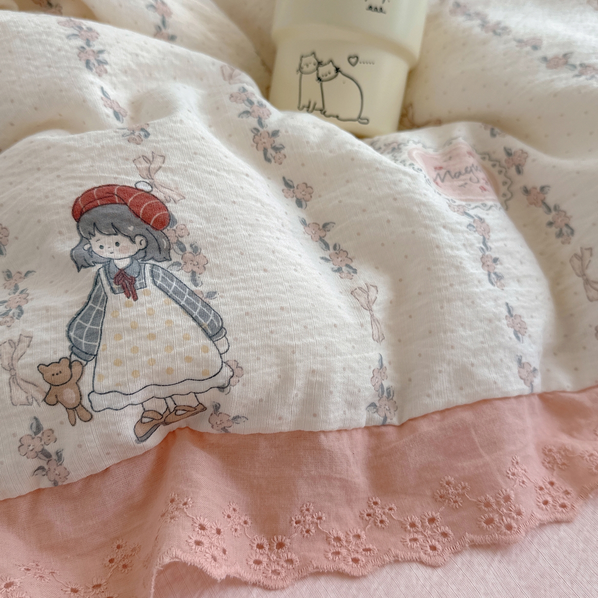 91家纺网 家纺一手货源 找家纺 仟网汇 2026新款彩色花边皱皱纱四件套 午后花园