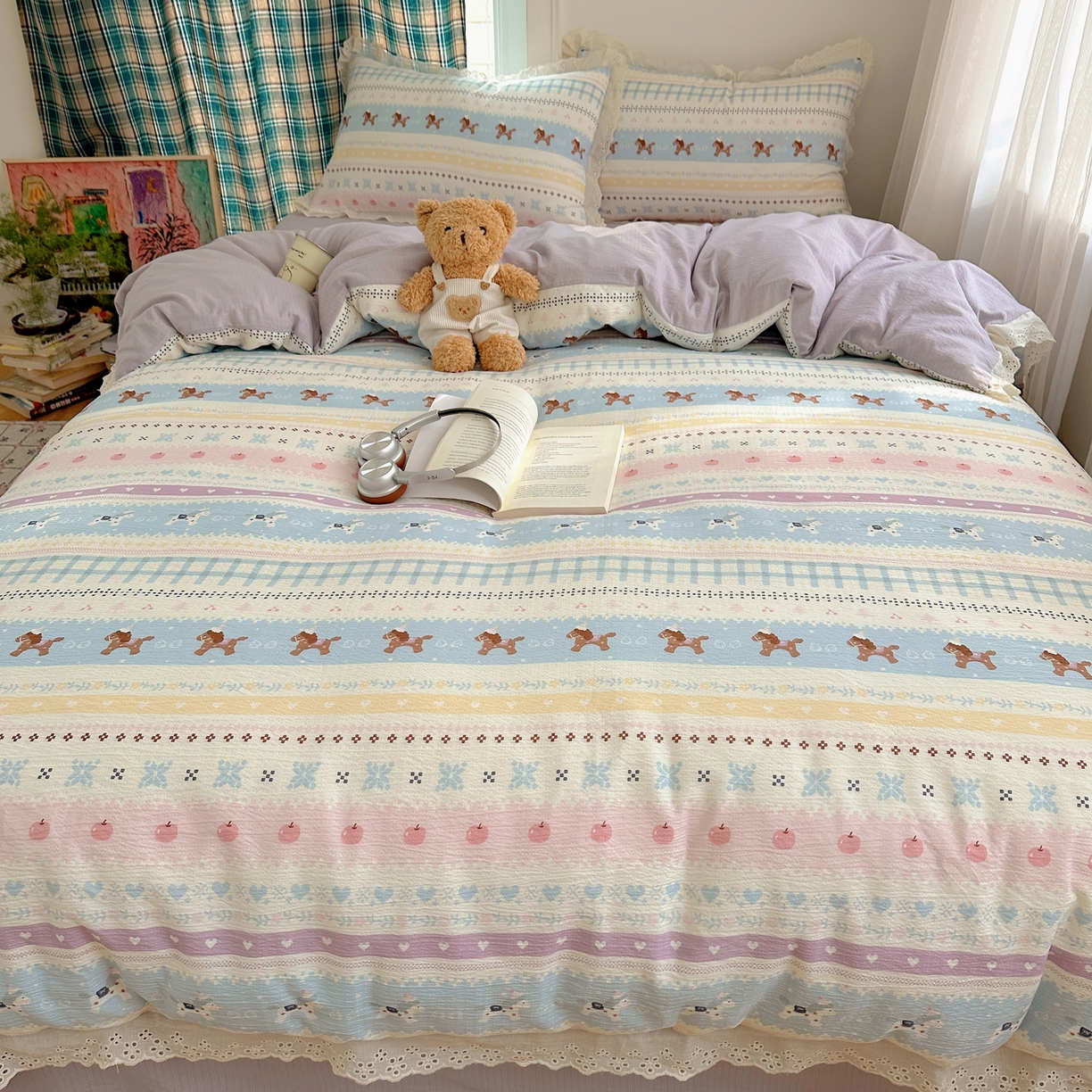 91家纺网 家纺一手货源 找家纺 仟网汇 2026新款彩色花边皱皱纱四件套 小马驹