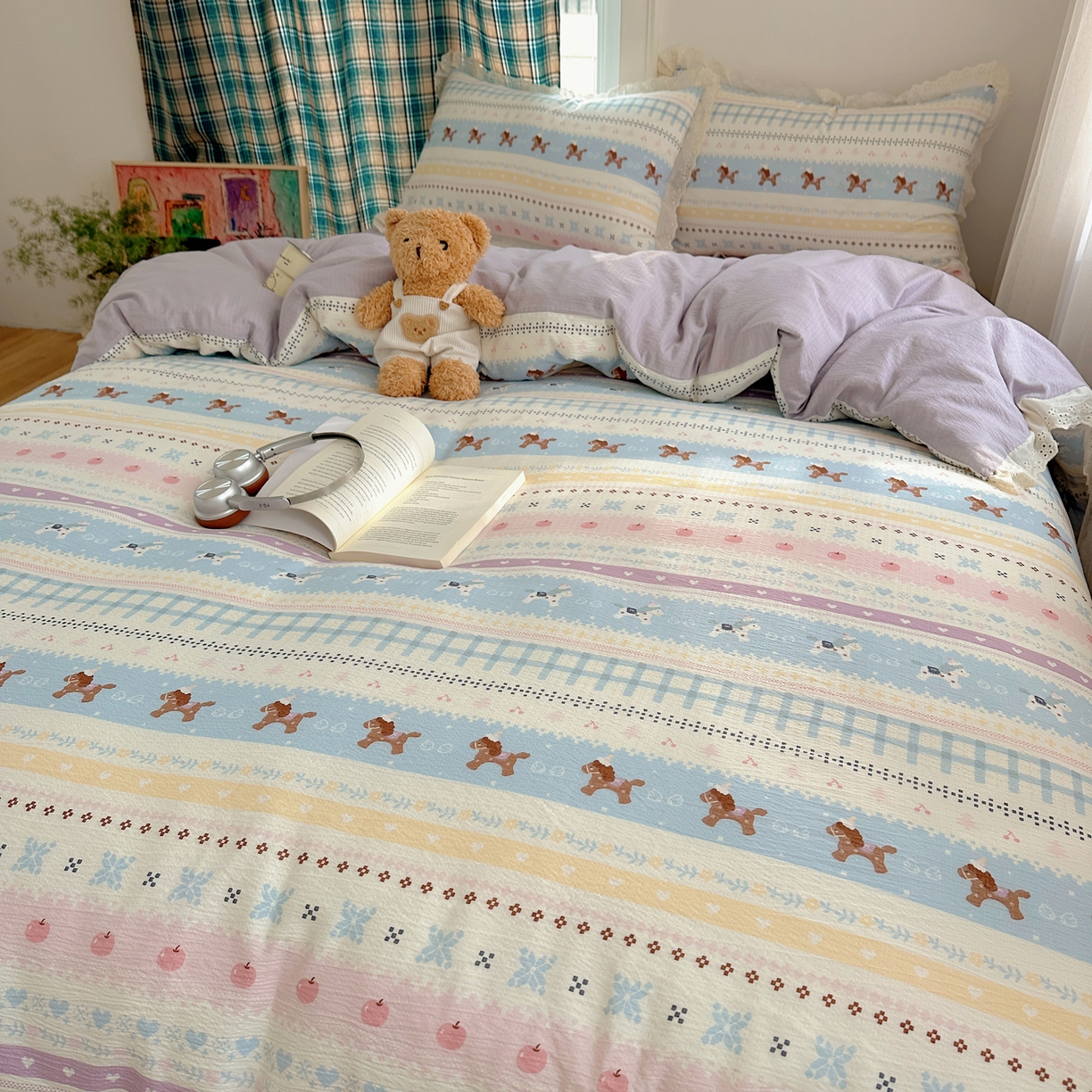 91家纺网 家纺一手货源 找家纺 仟网汇 2026新款彩色花边皱皱纱四件套 小马驹