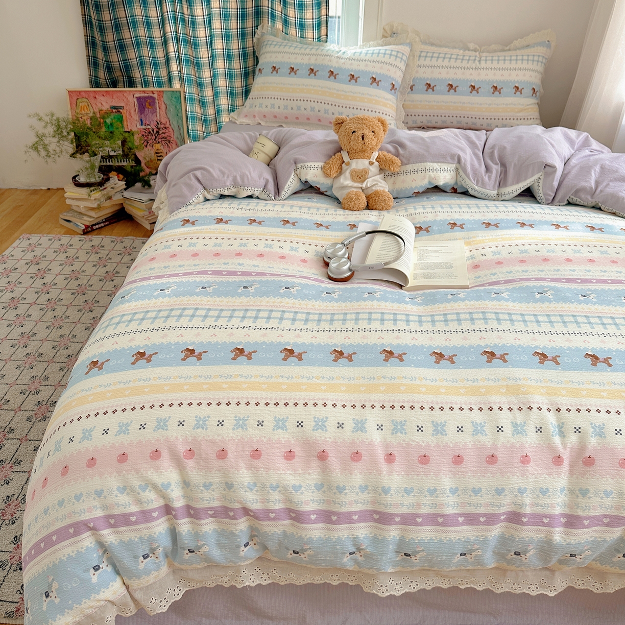 91家纺网 家纺一手货源 找家纺 仟网汇 2026新款彩色花边皱皱纱四件套 小马驹