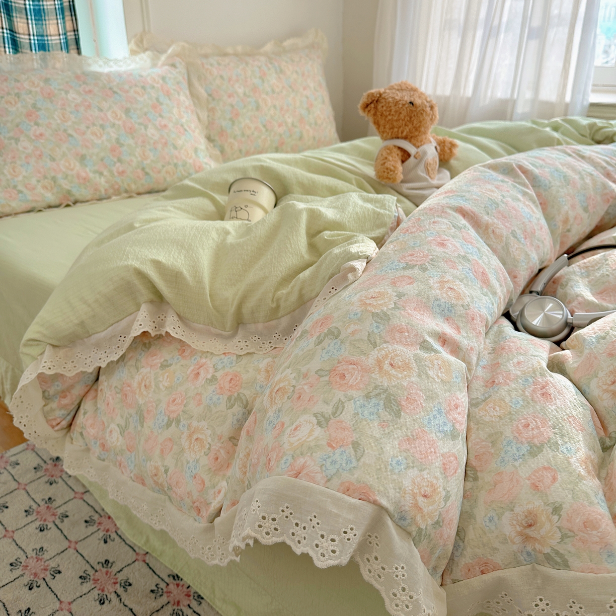 91家纺网 家纺一手货源 找家纺 仟网汇 2026新款彩色花边皱皱纱四件套 邂逅