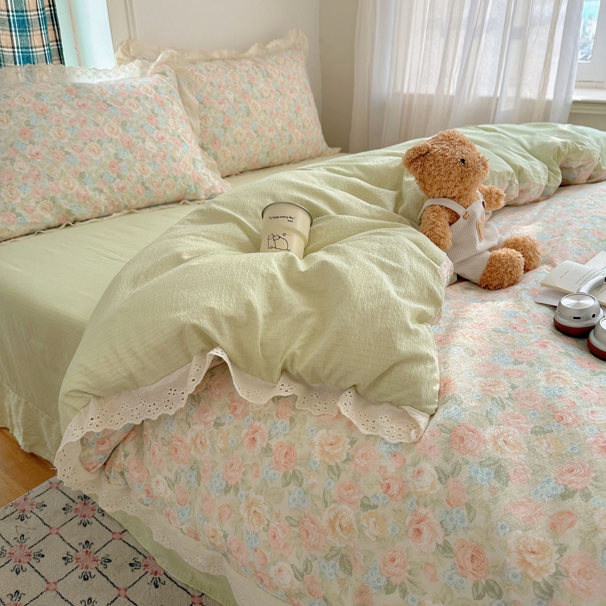 91家纺网 家纺一手货源 找家纺 仟网汇 2026新款彩色花边皱皱纱四件套 邂逅