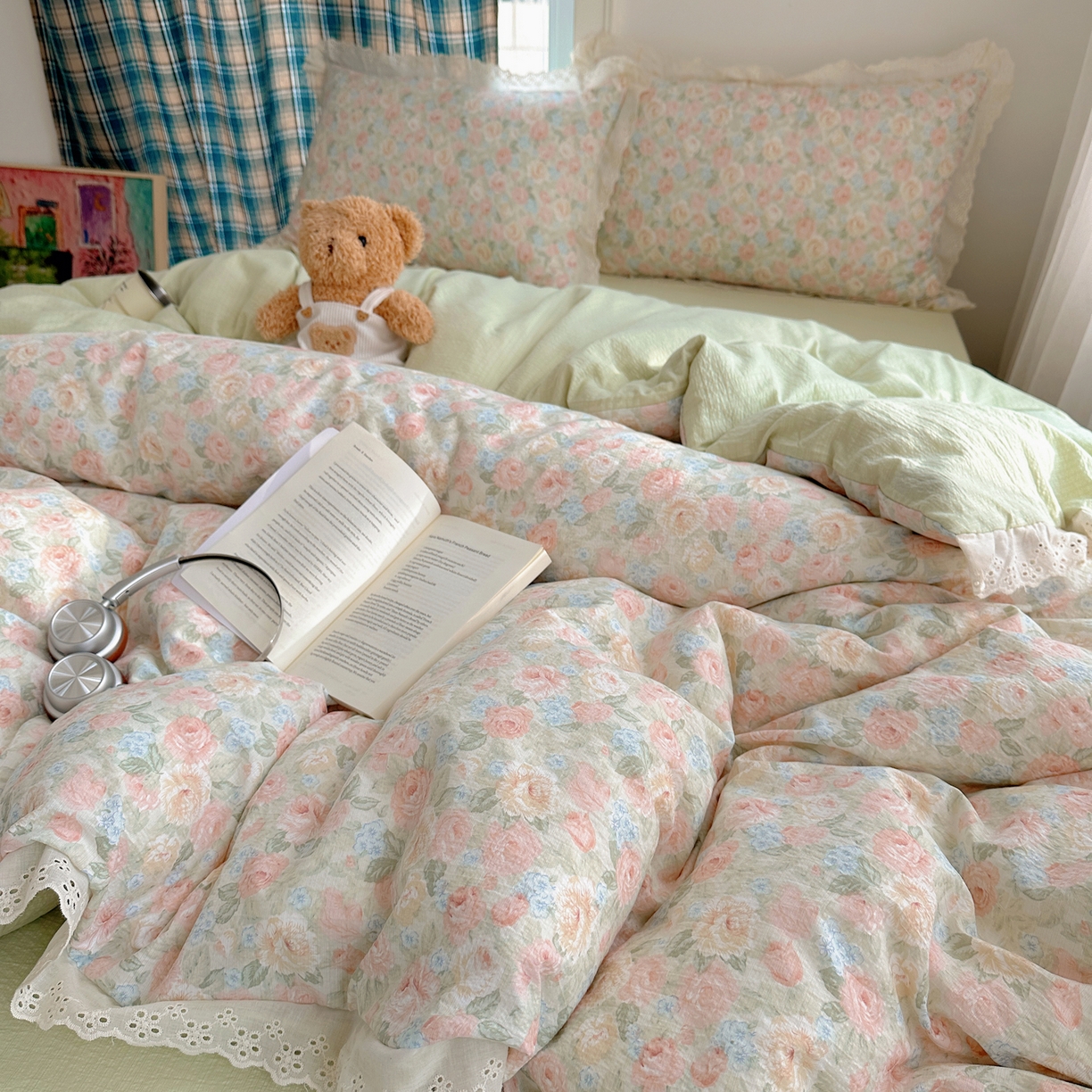 91家纺网 家纺一手货源 找家纺 仟网汇 2026新款彩色花边皱皱纱四件套 邂逅