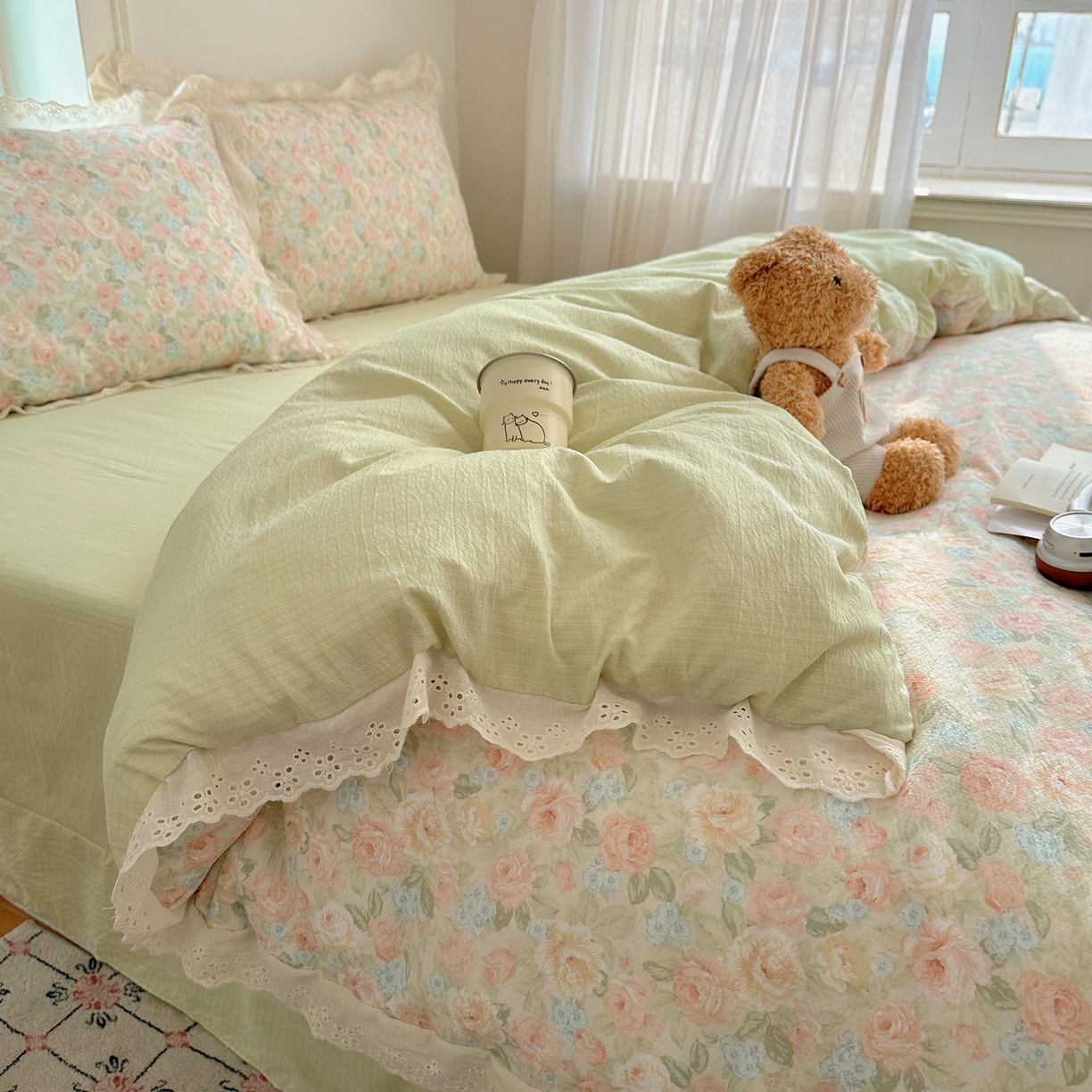 91家纺网 家纺一手货源 找家纺 仟网汇 2026新款彩色花边皱皱纱四件套 邂逅