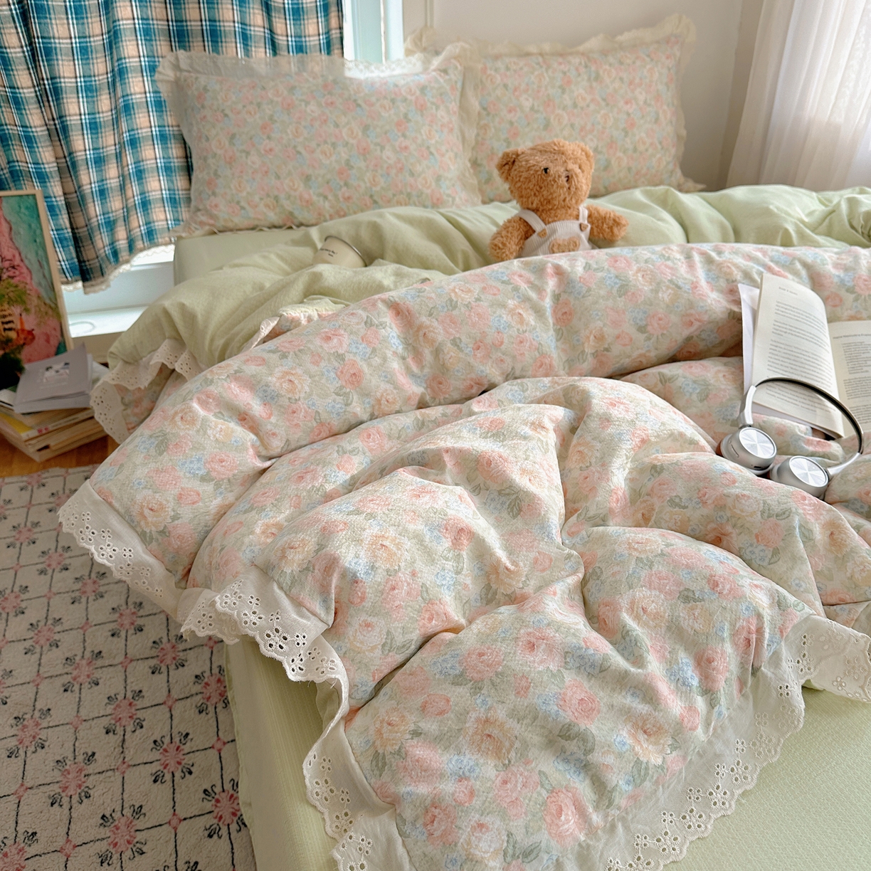 91家纺网 家纺一手货源 找家纺 仟网汇 2026新款彩色花边皱皱纱四件套 邂逅