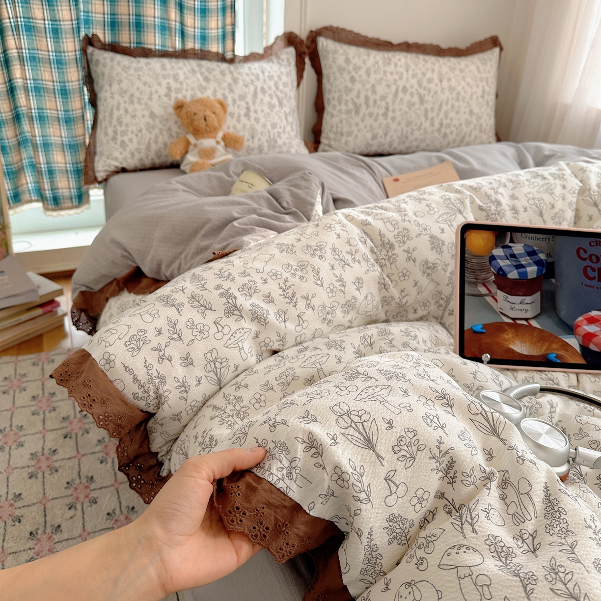 仟网汇 2026新款彩色花边皱皱纱四件套 野餐兔