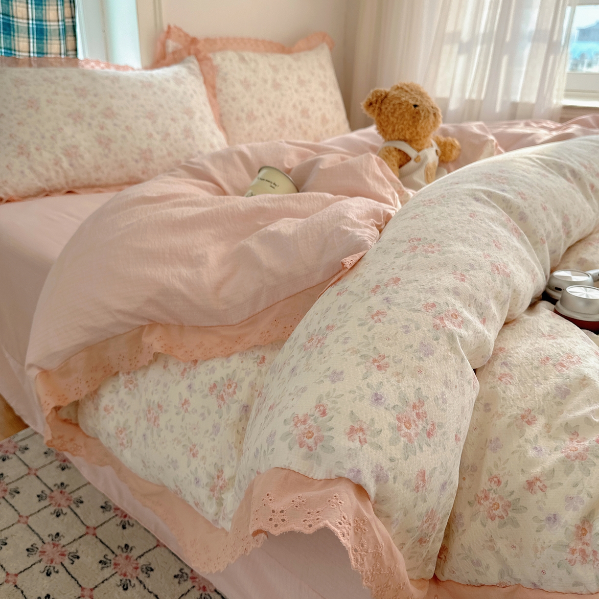 91家纺网 家纺一手货源 找家纺 仟网汇 2026新款彩色花边皱皱纱四件套 樱花季