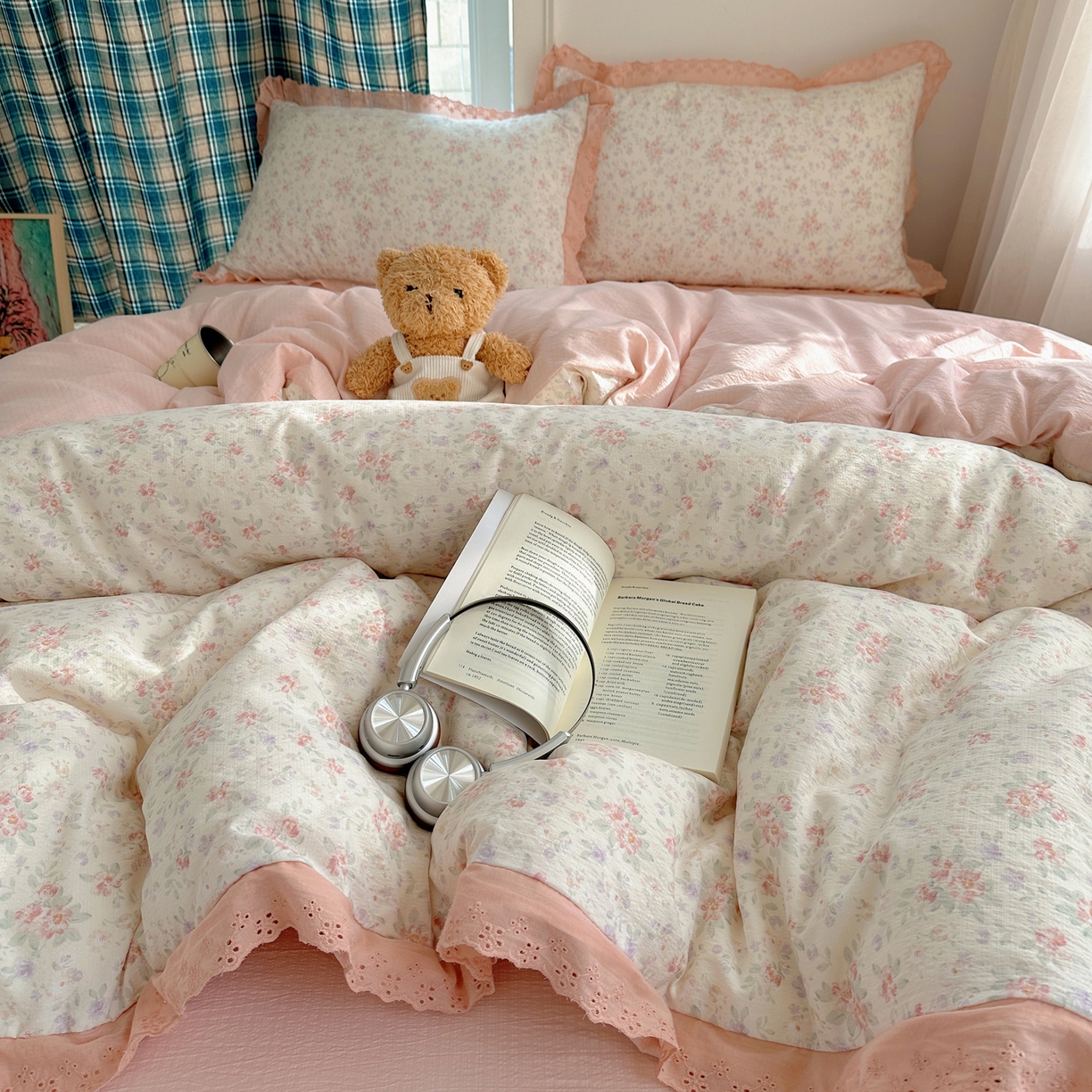 91家纺网 家纺一手货源 找家纺 仟网汇 2026新款彩色花边皱皱纱四件套 樱花季