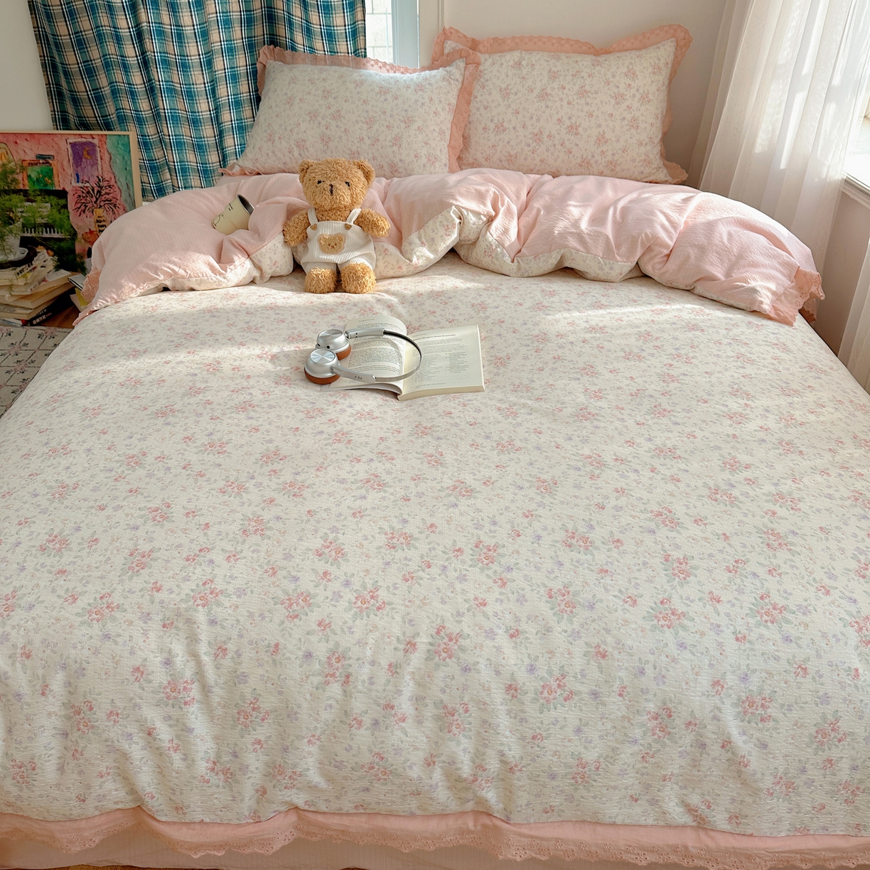 91家纺网 家纺一手货源 找家纺 仟网汇 2026新款彩色花边皱皱纱四件套 樱花季