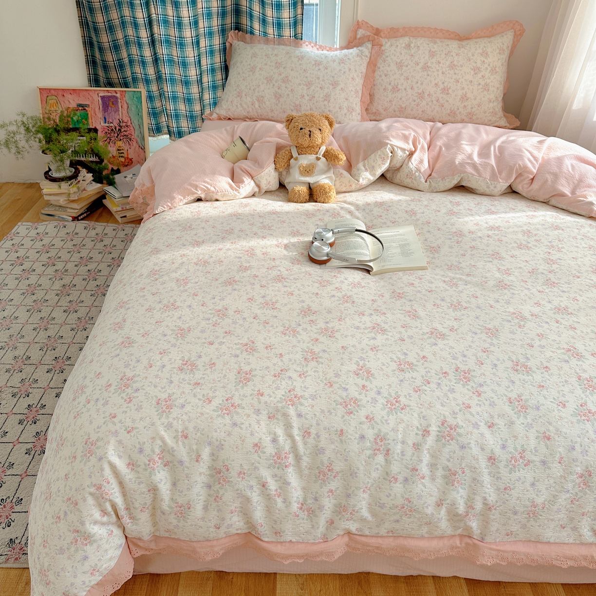 91家纺网 家纺一手货源 找家纺 仟网汇 2026新款彩色花边皱皱纱四件套 樱花季