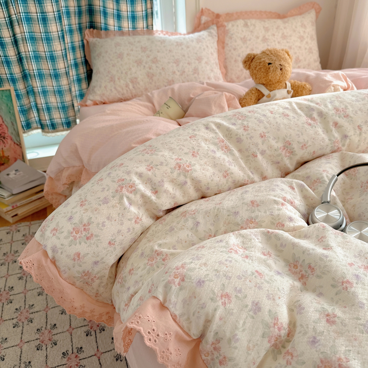 91家纺网 家纺一手货源 找家纺 仟网汇 2026新款彩色花边皱皱纱四件套 樱花季