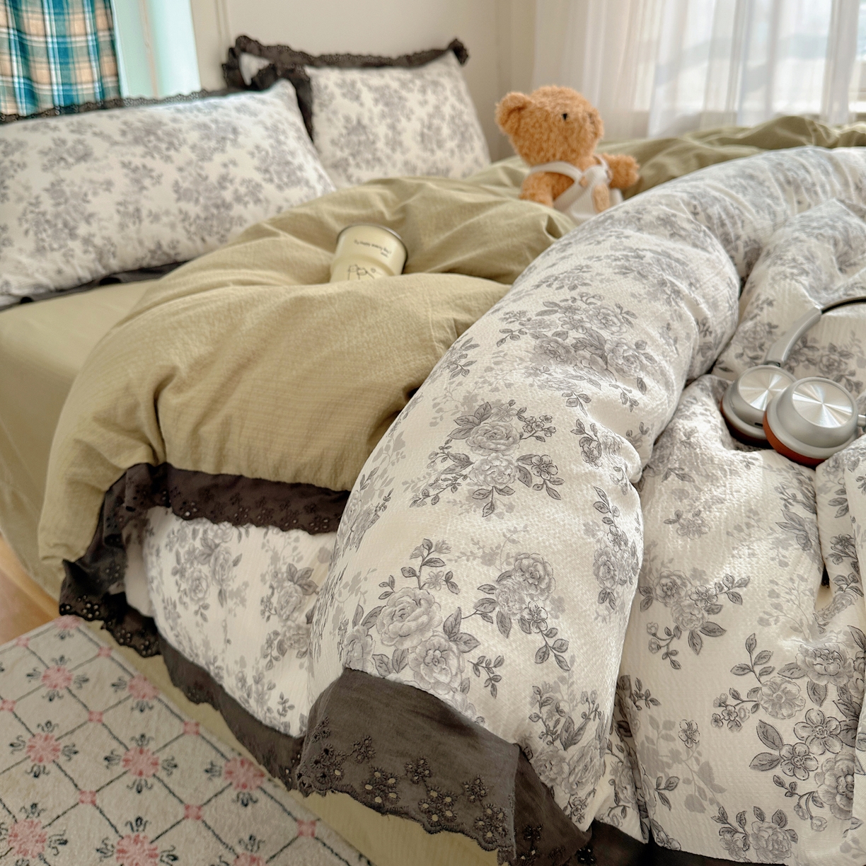 91家纺网 家纺一手货源 找家纺 仟网汇 2026新款彩色花边皱皱纱四件套 悠然