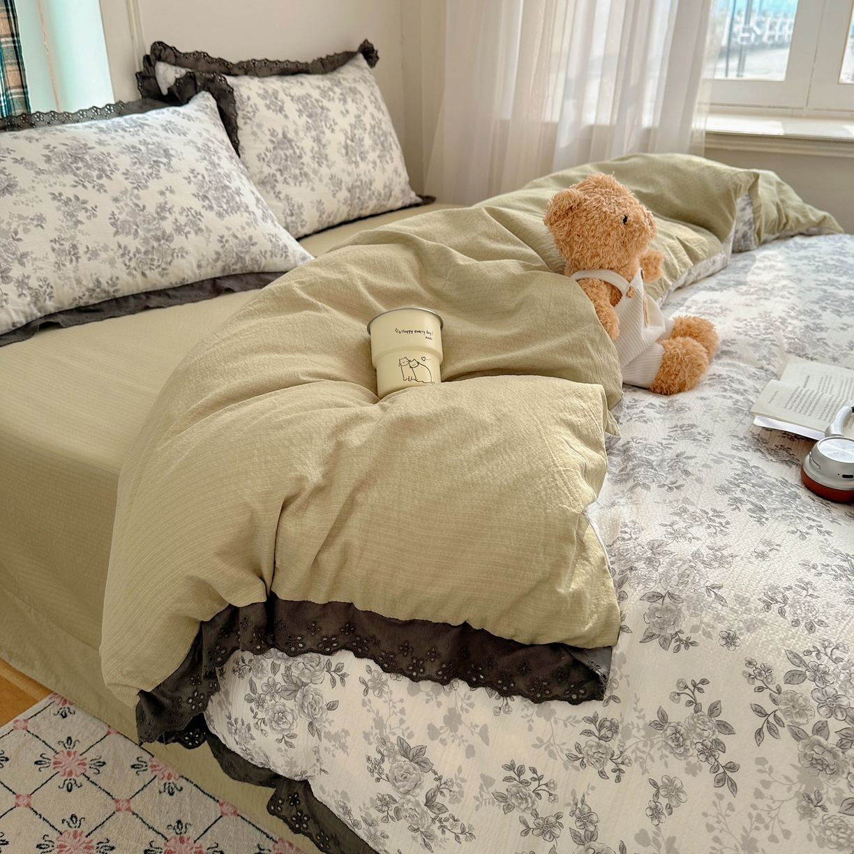 91家纺网 家纺一手货源 找家纺 仟网汇 2026新款彩色花边皱皱纱四件套 悠然