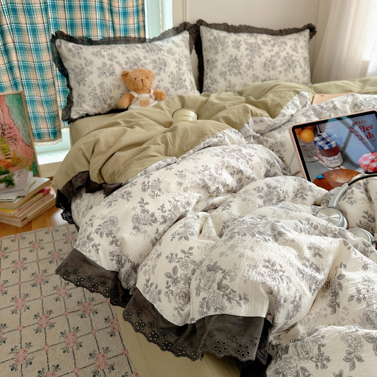 91家纺网 家纺一手货源 找家纺 仟网汇 2026新款彩色花边皱皱纱四件套 悠然