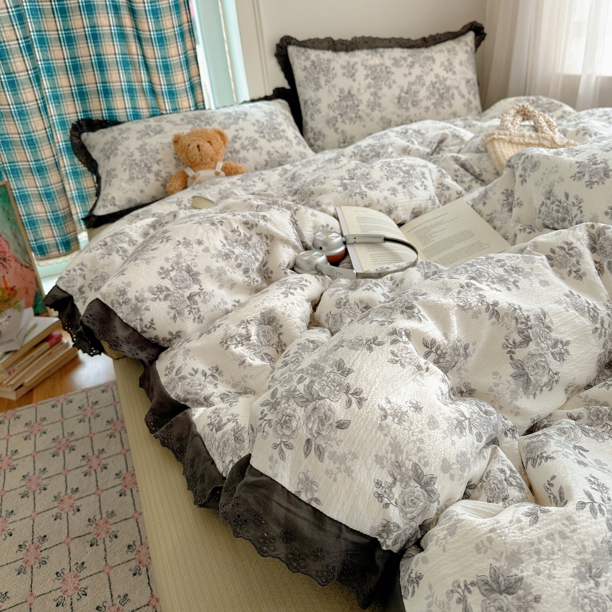 91家纺网 家纺一手货源 找家纺 仟网汇 2026新款彩色花边皱皱纱四件套 悠然