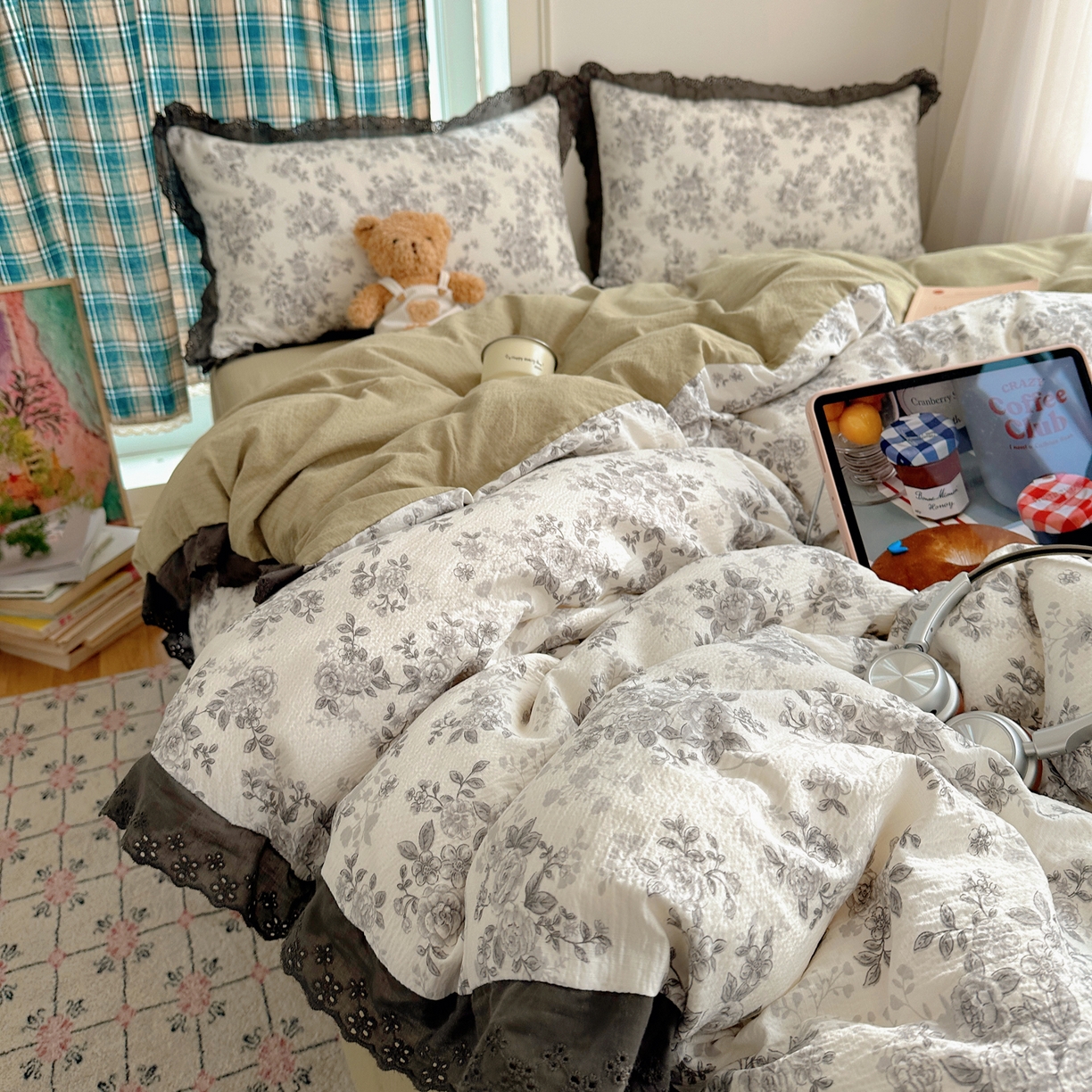 91家纺网 家纺一手货源 找家纺 仟网汇 2026新款彩色花边皱皱纱四件套 悠然