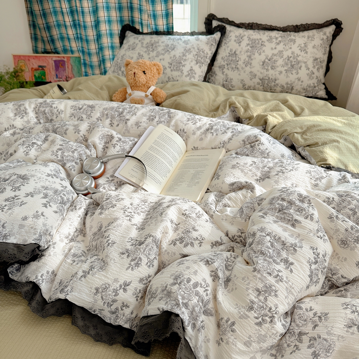 91家纺网 家纺一手货源 找家纺 仟网汇 2026新款彩色花边皱皱纱四件套 悠然