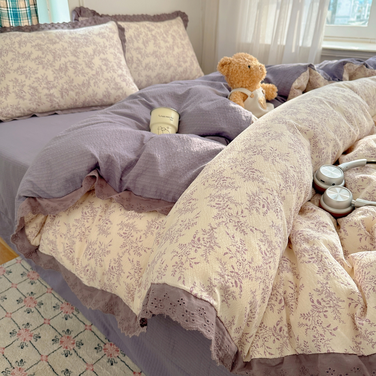 91家纺网 家纺一手货源 找家纺 仟网汇 2026新款彩色花边皱皱纱四件套 紫烟