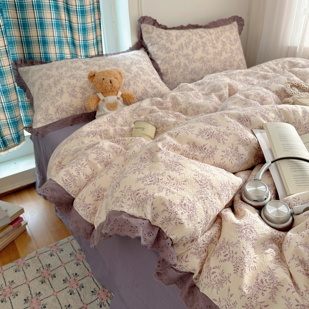 91家纺网 家纺一手货源 找家纺 仟网汇 2026新款彩色花边皱皱纱四件套 紫烟