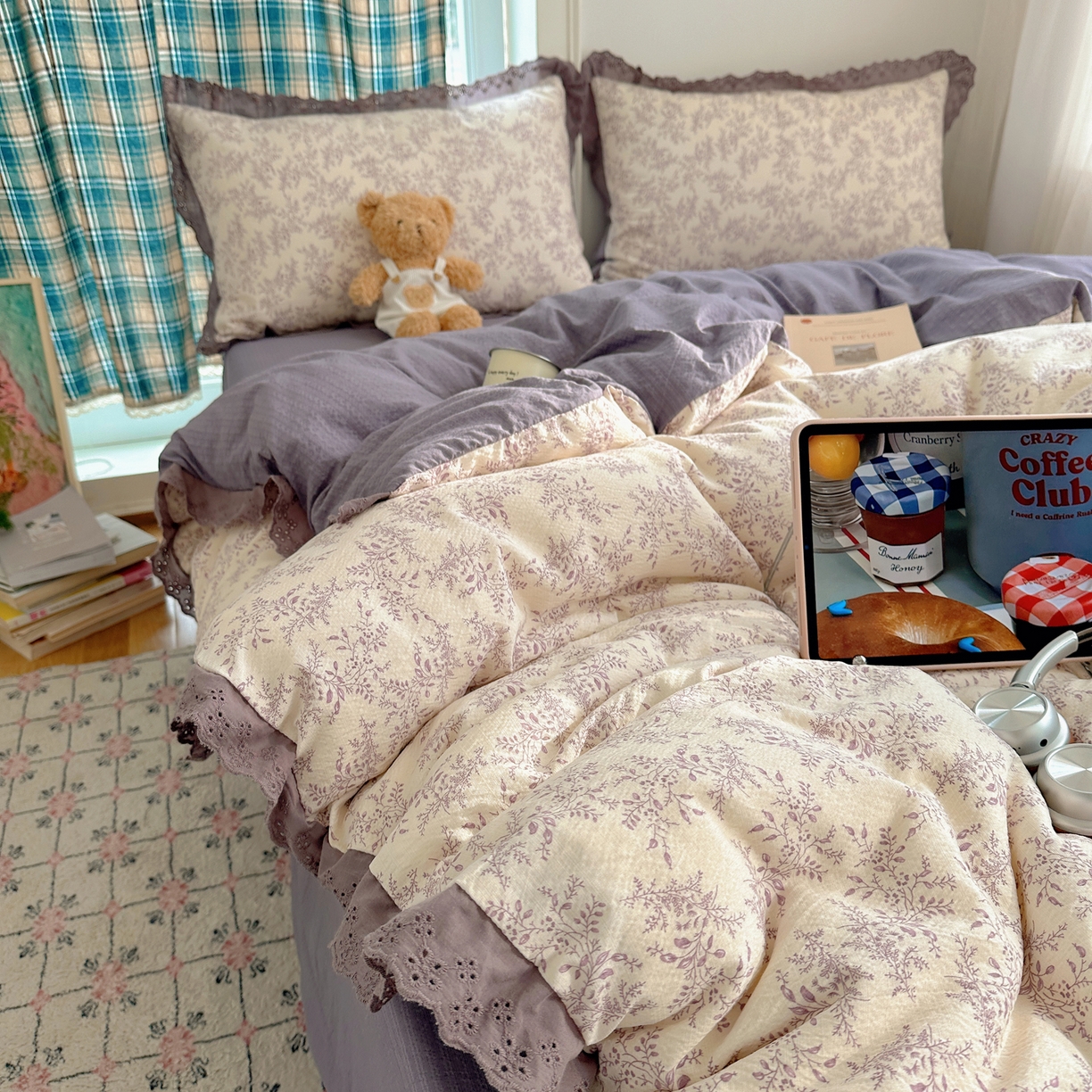 91家纺网 家纺一手货源 找家纺 仟网汇 2026新款彩色花边皱皱纱四件套 紫烟