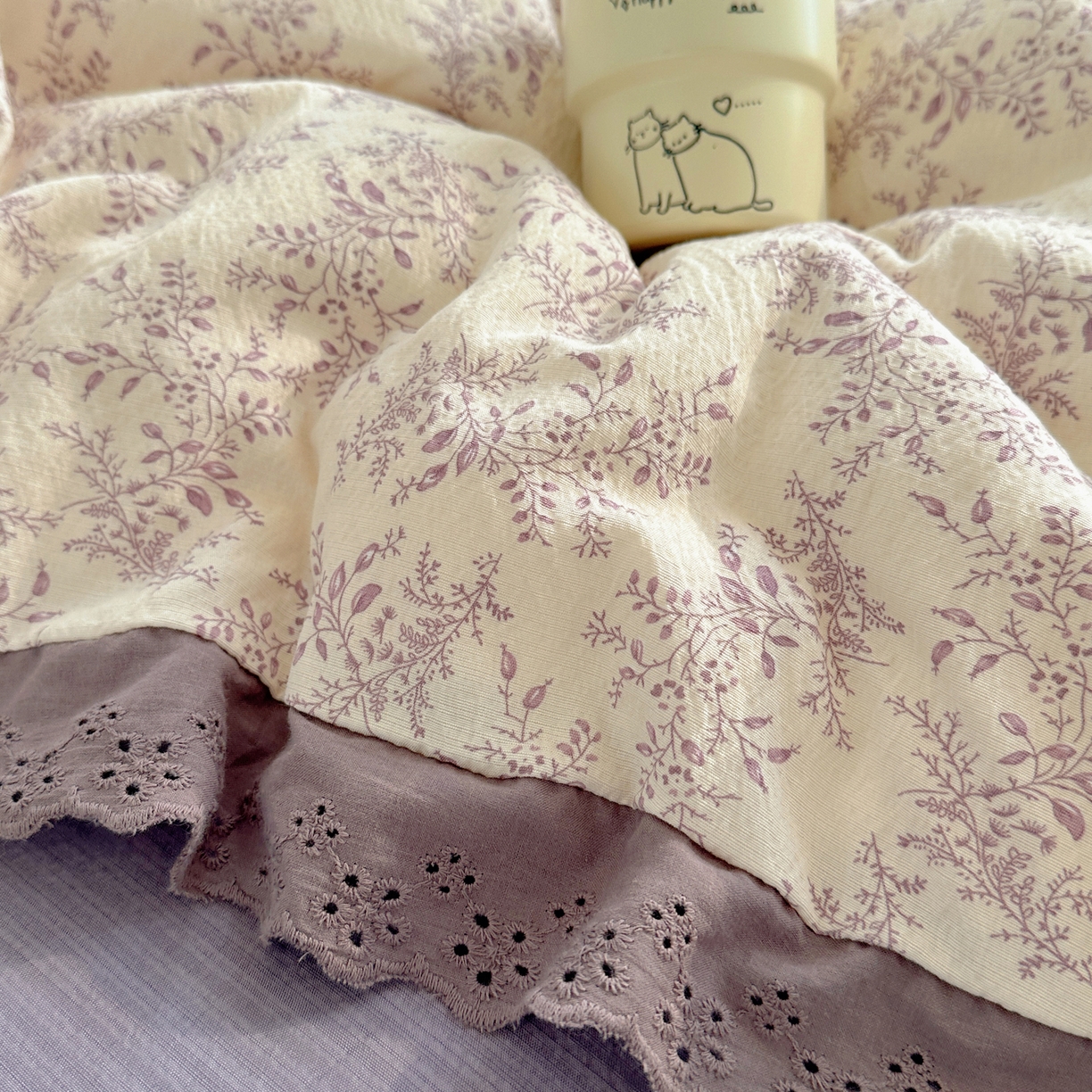 91家纺网 家纺一手货源 找家纺 仟网汇 2026新款彩色花边皱皱纱四件套 紫烟