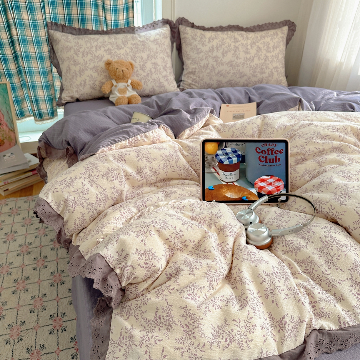 91家纺网 家纺一手货源 找家纺 仟网汇 2026新款彩色花边皱皱纱四件套 紫烟