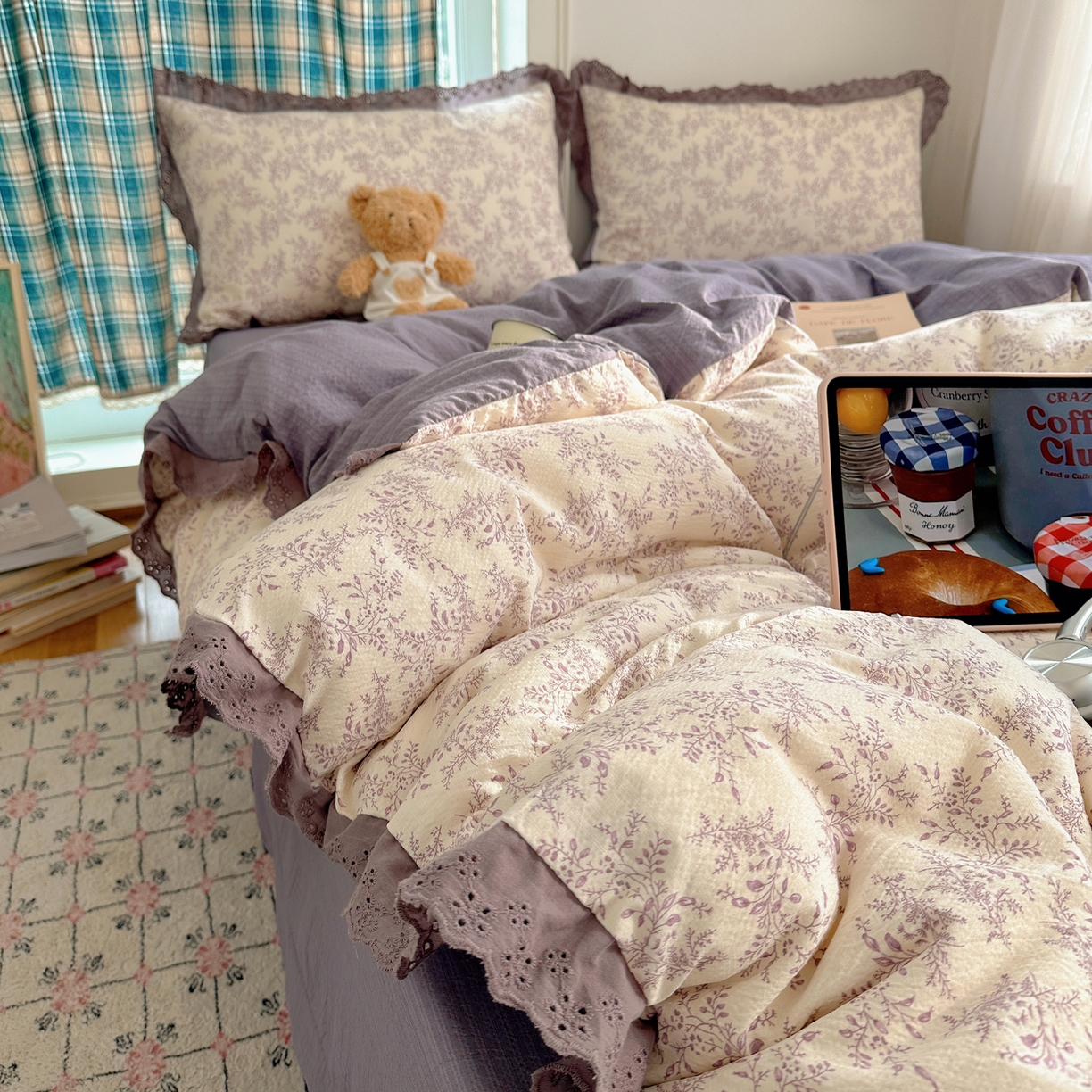 91家纺网 家纺一手货源 找家纺 仟网汇 2026新款彩色花边皱皱纱四件套 紫烟