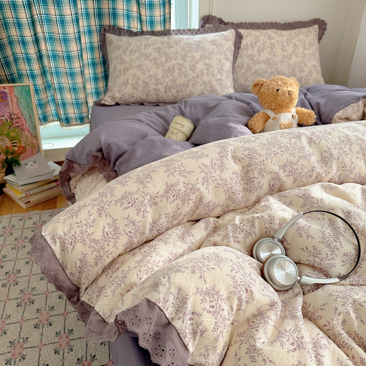 91家纺网 家纺一手货源 找家纺 仟网汇 2026新款彩色花边皱皱纱四件套 紫烟