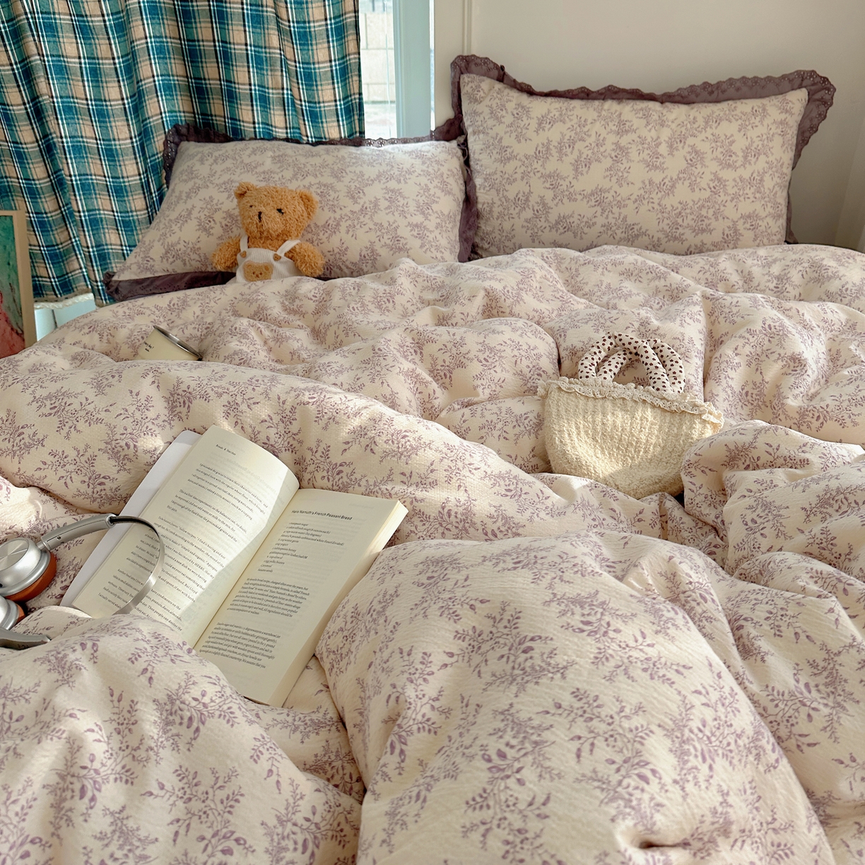 91家纺网 家纺一手货源 找家纺 仟网汇 2026新款彩色花边皱皱纱四件套 紫烟