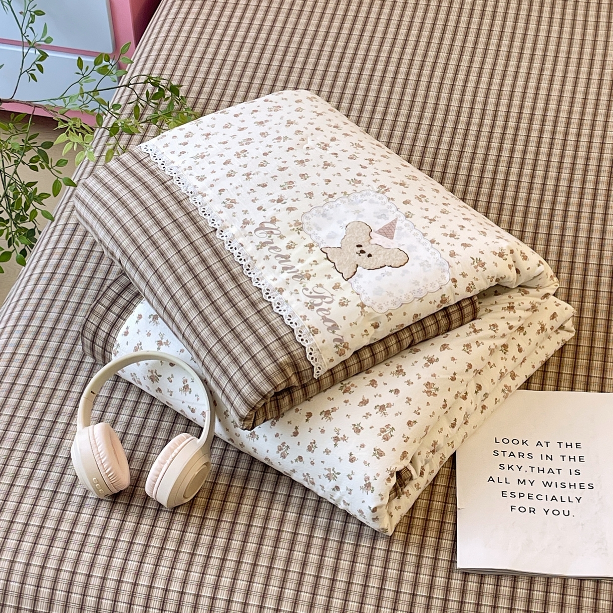 梵克保罗 2026春夏新款10A抗菌全棉花边双拼云朵棉单夏被夏被夏凉被空调被四件套 双拼咖格-玫瑰小熊