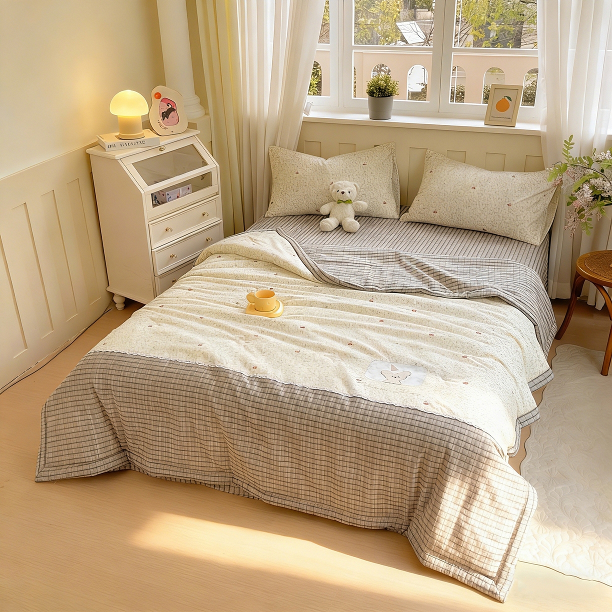 91家纺网 家纺一手货源 找家纺 梵克保罗 2026春夏新款10A抗菌全棉花边双拼云朵棉单夏被夏被夏凉被空调被四件套 双拼灰格-碎花小樱桃