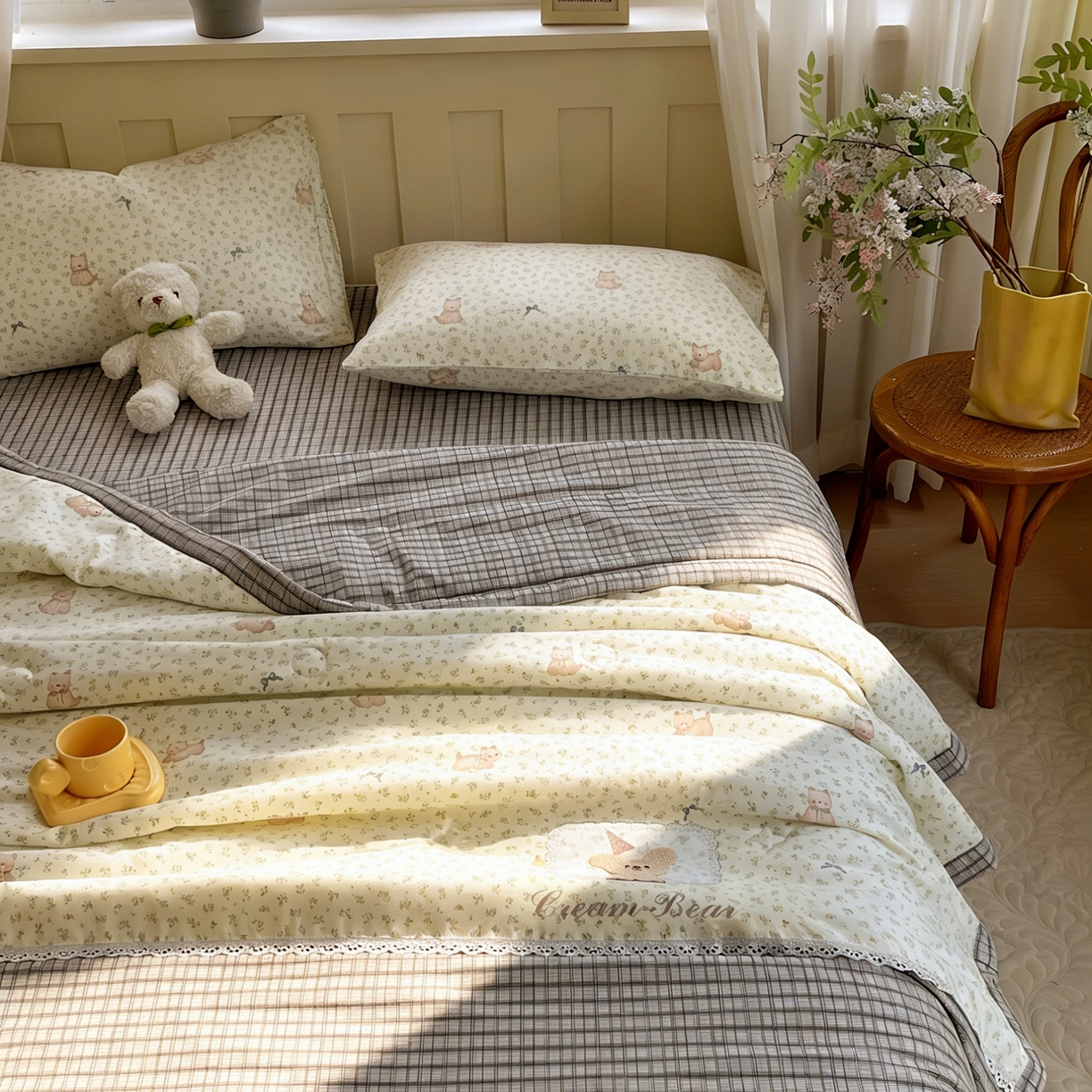 91家纺网 家纺一手货源 找家纺 梵克保罗 2026春夏新款10A抗菌全棉花边双拼云朵棉单夏被夏被夏凉被空调被四件套 双拼灰格-碎花小狗