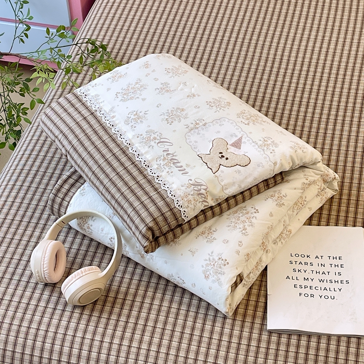 梵克保罗 2026春夏新款10A抗菌全棉花边双拼云朵棉单夏被夏被夏凉被空调被四件套 双拼咖格-花田小熊