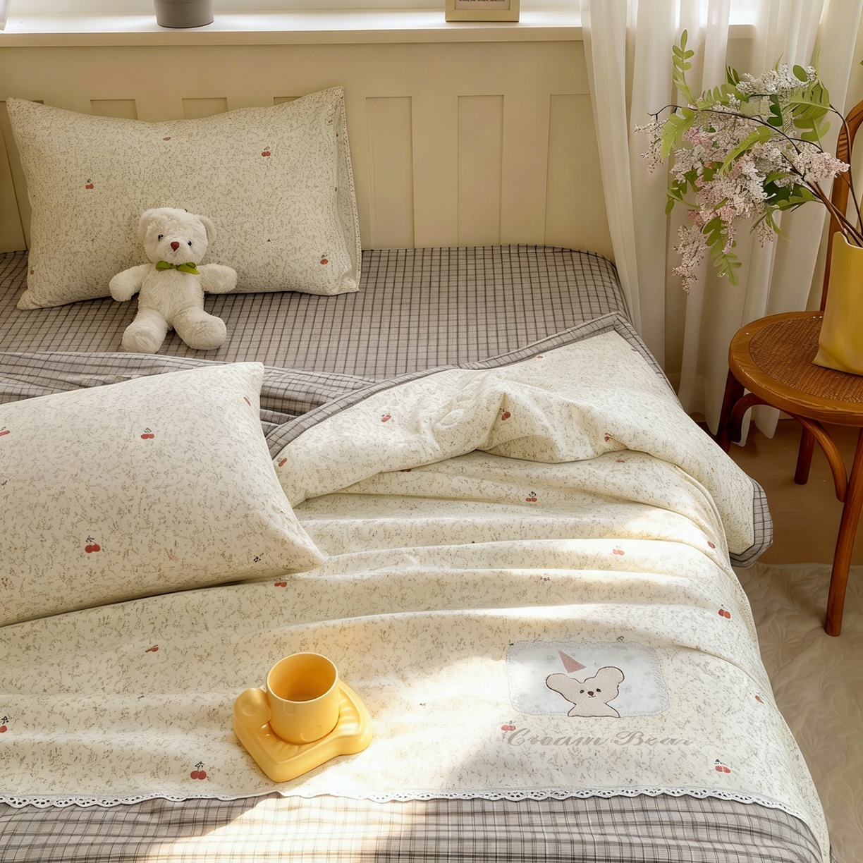 91家纺网 家纺一手货源 找家纺 梵克保罗 2026春夏新款10A抗菌全棉花边双拼云朵棉单夏被夏被夏凉被空调被四件套 双拼灰格-碎花小樱桃