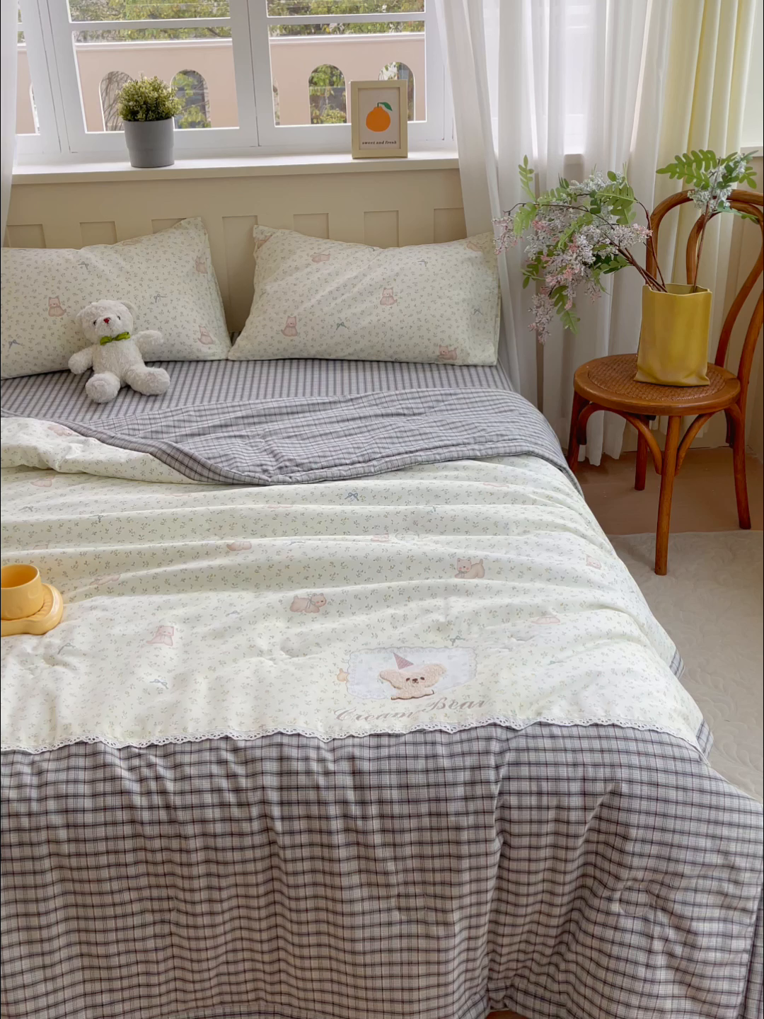 91家纺网 家纺一手货源 找家纺 梵克保罗 2026春夏新款10A抗菌全棉花边双拼云朵棉单夏被夏被夏凉被空调被四件套 双拼灰格-碎花小狗