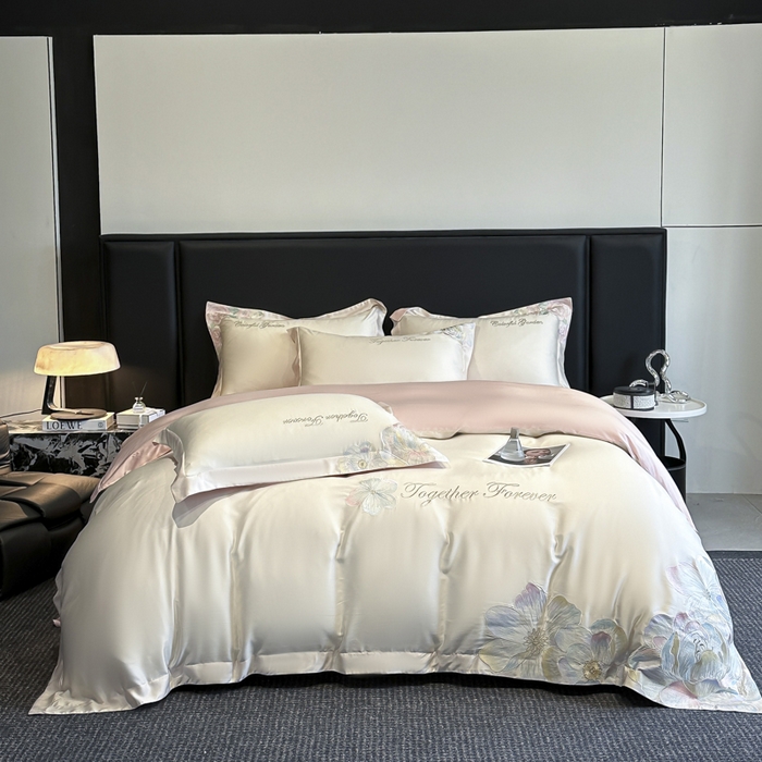 91家纺网 家纺一手货源 找家纺 2026新款高支高密刺绣四件套-花溪系列 花溪-奶昔白＋粉