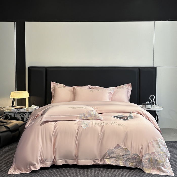 91家纺网 家纺一手货源 找家纺 2026新款高支高密刺绣四件套-花溪系列 花溪-樱花粉